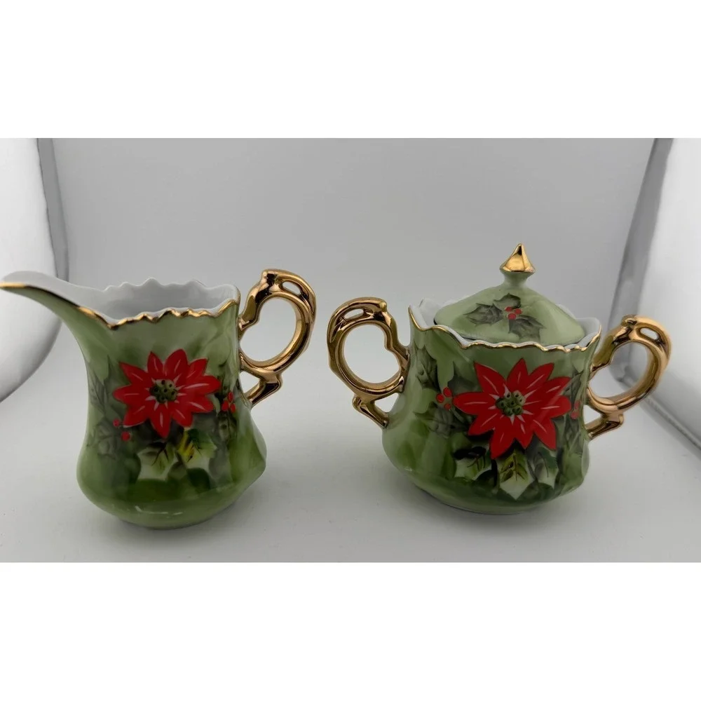 Lefton China Limited Edition‎ Hand Painted Poinsettia Sugar Bowl Creamer Set
